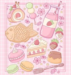 artist_name bottle cake cake_slice cherry_blossoms commentary dango drinking_straw english_commentary faith_varvara flower food food_focus fork fruit grid_background icing macaron milk_bottle no_humans original petals pink_background pink_flower pudding sanshoku_dango spring_(season) star_(symbol) strawberry strawberry_milk strawberry_shortcake swiss_roll taiyaki wagashi
