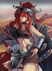 1girl arknights bare_shoulders breasts brown_shorts cowboy_shot crop_top crossed_bangs grey_arm_warmers hair_between_eyes highres jewelry large_breasts long_hair looking_at_viewer narantuya_(arknights) navel orange_eyes parted_lips red_hair ring shorts sidelocks smile solo utagawa_niki very_long_hair