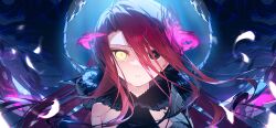 1girl armor black_eyes black_wings blue_background falling_feathers fate/grand_order fate_(series) feathers floating_hair fur_collar game_cg hair_between_eyes hair_ornament halterneck heterochromia hotosoka large_variant_set long_hair official_art portrait red_hair solo symbol-shaped_pupils third-party_source typhon_ephemeros_(third_ascension)_(fate) variant_set wings yellow_eyes