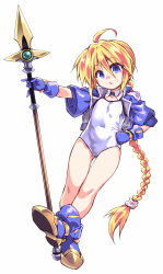 1girl ahoge blonde_hair blue_eyes blue_gloves blue_jacket boots braid brown_boots covered_navel full_body girl_with_a_blonde_braid_(tomoshibi_hidekazu) gloves gluteal_fold hand_on_own_hip highres jacket long_braid long_hair one-piece_swimsuit original polearm solo spear swimsuit thighs tomoshibi_hidekazu very_long_hair weapon white_one-piece_swimsuit