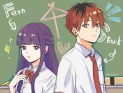1boy 1girl ai_ai_gasa alternate_costume black_hair blunt_bangs bow butterfly_hair_ornament chalk chalkboard character_name closed_mouth collared_shirt contemporary diamond_(shape) dyskdance fern_(sousou_no_frieren) hair_between_eyes hair_ornament heart highres long_hair looking_at_viewer multicolored_hair necktie notice_lines open_mouth purple_eyes purple_hair red_bow red_eyes red_hair red_necktie school_uniform shirt short_hair short_sleeves sidelocks sousou_no_frieren stark_(sousou_no_frieren) straight_hair twitter_username white_shirt