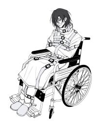 Rule 34 | 1boy, alternate universe, belt, belt buckle, black eyes, black hair, bound, bound arms, bound legs, buckle, chest harness, chinese commentary, closed mouth, dao gui yi xian, full body, greyscale, hair between eyes, hair over one eye, harness, highres, legbinder, li huowang, li huowang (modern world), long sleeves, looking at viewer, male focus, monochrome, official alternate costume, official alternate hair length, official alternate hairstyle, pants, prince1666010201, restrained, scar, scar on face, shirt, short hair, simple background, sitting, slippers, solo, straitjacket, strap, wheelchair, white background, white belt, white pants, white shirt