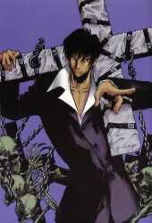1boy black_hair black_suit blue_background chain cross cross_punisher formal_clothes highres large_cross nicholas_d._wolfwood nightow_yasuhiro official_art short_hair skeleton skull suit trigun trigun_maximum