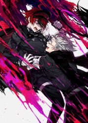 Rule 34 | ahoge, angry, aotsuki eito, arm around waist, armband, belt, black halo, black streaks, blue eyes, cape, crying, crying with eyes open, evil grin, evil smile, eye contact, eyeliner, gakuran, glasses, gloves, grey hair, grin, halo, headgear, highres, holding, holding knife, knife, last defense academy school uniform, looking at another, makeup, male focus, multicolored hair, multiple boys, official alternate hairstyle, outstretched hand, reaching, reaching towards another, red eyeliner, red hair, school uniform, short hair, smile, spoilers, streaked hair, sumino takumi, tears, the hundred line -last defense academy-, wa ga ne, white armband, white belt, white gloves, wide-eyed, yandere