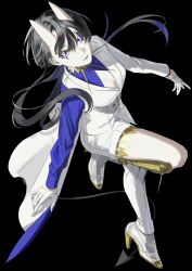 1girl black_background black_hair blue_eyes breasts cleavage coat full_body gloves high_heels highres horns long_hair looking_at_viewer momomo_906 original shorts skin-covered_horns solo white_coat white_gloves white_shorts