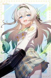 1girl aqua_hair black_bag blush briefcase buttons commentary_request double-breasted firefly_(honkai:_star_rail) firefly_(spring_missive)_(honkai:_star_rail) gradient_hair grey_hair grey_skirt hair_between_eyes highres honkai:_star_rail honkai_(series) kana_ami long_hair long_sleeves multicolored_hair official_alternate_costume open_mouth pleated_skirt purple_eyes school_briefcase shirt skirt solo thighhighs very_long_hair white_shirt white_thighhighs