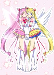 2girls aged_up bishoujo_senshi_sailor_moon blonde_hair blue_eyes boots bow cheek-to-cheek chibi_usa crescent crescent_moon double_bun earrings elbow_gloves eternal_sailor_chibi_moon eternal_sailor_moon gloves hair_bun hair_ornament heads_together high_heels_boots jewelry leotard long_hair moon mother_and_daughter mother_and_daughter_(lore) multicolored_skirt multiple_girls outline pink_background pink_eyes pink_hair puffy_short_sleeves puffy_sleeves sailor_chibi_moon sailor_moon sailor_senshi_uniform short_sleeves simple_background skirt smile star_(symbol) star_earrings tsukino_usagi white_boots white_gloves white_leotard white_outline wings