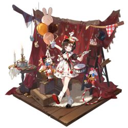 &gt;_&lt; 1girl @_@ animal_hat balancing balloon black_dress black_shoes blush candle candlestand character_name coin colored_shoe_soles crate curtains cymbals diamond_(shape) dress dress_shoes drum drumsticks full_body girls&#039;_frontline gloves hair_ornament hairband hat hat_feather heart highres holding holding_drumsticks hoop instrument jack-in-the-box juggling ladder m99_(drumrolls_when_the_curtain_rises)_(girls&#039;_frontline) m99_(girls&#039;_frontline) official_alternate_costume official_art origami outstretched_arm piano_print puffy_short_sleeves puffy_sleeves purple_eyes rabbit rabbit_balloon rabbit_hair_ornament rabbit_hat rabbit_symbol red_hairband rope rug saru shoe_soles shoes short_hair short_sleeves sign simple_background solo spinning standing standing_on_one_leg star_(symbol) stepladder suitcase table third-party_source top_hat transparent_background trumpet unworn_hat unworn_headwear white_dress white_gloves wooden_floor x_hair_ornament