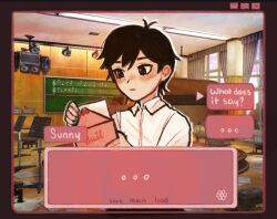 Rule 34 | 1boy, alternate costume, antenna hair, black eyes, black hair, blush, character name, closed mouth, collared shirt, english text, envelope, holding, holding envelope, holding paper, male focus, omori, ottie pops, paper, shirt, short hair, solo, sunny (omori), upper body, white shirt