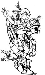 Rule 34 | 1girl, adapted turret, artist logo, dated, full body, kantai collection, lineart, logo, looking at viewer, machinery, miyuki (kancolle), monochrome, one-hour drawing challenge, pleated skirt, sailor collar, sailor shirt, school uniform, serafuku, shirt, short hair, short sleeves, skirt, solo, standing, task (s task80), twitter username, waving