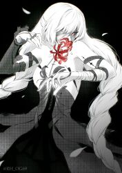 Rule 34 | 1girl, bandaged arm, bandages, bare shoulders, black background, braid, breasts, commentary, cowboy shot, detached sleeves, dress, english commentary, flower, greyscale, hands up, highres, holding, holding flower, looking at viewer, low twin braids, monochrome, pantyhose, phrolova (wuthering waves), rh og69, single detached sleeve, skirt, small breasts, solo, spider lily, spot color, tacet mark (wuthering waves), twin braids, twitter username, wuthering waves