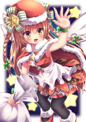 1girl bag boots braid brown_hair emil_chronicle_online frilled_skirt frills hat hat_ribbon highres long_hair open_mouth pantyhose red_boots red_skirt ribbon santa_costume santa_hat skirt stella_lore two_side_up white_wings wings yellow_eyes yupi828