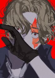1boy black_gloves blonde_hair collared_shirt commentary covering_own_mouth gloves hair_between_eyes highres looking_up male_focus oh_no_nori one_piece red_background sabo_(one_piece) scar scar_on_face shirt short_hair solo upper_body