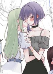 0214x0826 4girls bang_dream! bang_dream!_it&#039;s_mygo!!!!! black_choker blush brown_hair choker commentary_request ear_blush green_hair grey_shirt hand_on_another&#039;s_waist highres kiss kissing_cheek korean_commentary long_hair multiple_girls mutsu_(kancolle) off-shoulder_shirt off_shoulder pink_eyes purple_eyes shiina_taki shirt short_hair short_sleeves skirt unfinished white_shirt white_skirt yahata_umiri yuri yuutenji_nyamu