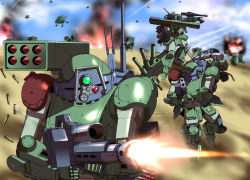 aircraft assault_rifle battle explosion firing gun holding holding_gun holding_weapon machine_gun mecha missile_pod no_humans rifle robot rocket_launcher s.shimizu scopedog smoke soukou_kihei_votoms war weapon