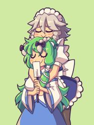 2girls apron back_bow black_bow black_legwear blue_skirt blush_stickers bow braid breasts closed_eyes closed_mouth daigada detached_sleeves frog_hair_ornament gohei green_background green_hair grey_hair hair_bow hair_ornament highres holding hug hug_from_behind izayoi_sakuya kochiya_sanae large_breasts long_hair long_sleeves maid_headdress multiple_girls pantyhose puffy_short_sleeves puffy_sleeves shirt short_sleeves skirt smile snake_hair_ornament touhou twin_braids unconnected_marketeers white_shirt wide_sleeves