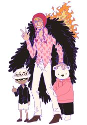 3boys bear bepo_(one_piece) blonde_hair commentary donquixote_rocinante english_commentary feather_cape fire full_body hand_on_another&#039;s_head hat heart heart_print high_heels highres hood hoodie looking_at_viewer makeup male_focus middle_finger multiple_boys natade_art one_piece pants pink_hoodie red_lips simple_background trafalgar_law v white_background white_pants