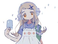 1girl bag blonde_hair blue_shirt closed_mouth colored_eyelashes dress expressionless flipped_hair flower food gakuen_idolmaster gooooskap hair_ornament headphones holding holding_food holding_popsicle idolmaster long_hair looking_at_viewer orange_eyes popsicle shinosawa_hiro shirt short_sleeves shoulder_bag simple_background solo upper_body white_background white_dress white_flower x_hair_ornament