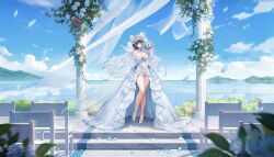 1girl absurdres aqua_eyes aqua_hair arm_under_breasts artist_request azur_lane bare_shoulders black_hair blue_flower blue_rose blue_sky bouquet breasts bridal_gauntlets bridal_veil bride cheshire_(azur_lane) cheshire_(white_seaside_melody)_(azur_lane) cleavage closed_mouth covered_navel crown dress flower frilled_dress frills full_body high_heels highres holding holding_bouquet horizon jewelry large_breasts long_dress looking_at_viewer mountainous_horizon multicolored_hair non-web_source ocean official_alternate_costume official_art pillar pink_flower pink_rose red_flower red_rose ring rose see-through_clothes see-through_dress showgirl_skirt skindentation sky smile solo standing streaked_hair thighs veil water wedding wedding_dress wedding_ring white_bridal_gauntlets white_dress white_flower white_rose
