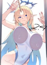 1girl absurdres against_glass alternate_costume blonde_hair blue_eyes blue_hair breast_press breasts breasts_on_glass closed_mouth colored_inner_hair commentary cowboy_shot crown_of_thorns earrings english_commentary fingernails fleurdelys_(wuthering_waves) groin hand_on_glass highres horns huge_breasts jewelry long_hair long_horns looking_at_viewer multicolored_hair nokku_(ren_nokku) one-piece_swimsuit pointy_ears sidelocks single_horn solo swimsuit tacet_mark_(wuthering_waves) very_long_hair white_one-piece_swimsuit wuthering_waves yellow_horns