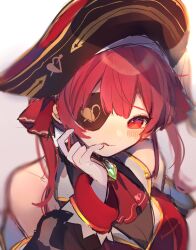 1girl ascot bare_shoulders bicorne black_coat breasts chikuwa_(tikuwaumai_) cleavage closed_mouth coat commentary eyepatch gloves hair_ribbon hat highres hololive houshou_marine houshou_marine_(1st_costume) large_breasts leotard leotard_under_clothes long_hair long_sleeves looking_at_viewer off_shoulder pirate_hat red_ascot red_eyes red_hair red_ribbon ribbon see-through_clothes see-through_leotard solo symbol-only_commentary tongue tongue_out twintails virtual_youtuber white_gloves