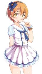 Rule 34 | 1girl, averting eyes, blue bow, blue hairband, blue neckerchief, blush, bow, cowboy shot, dress, finger to cheek, flying sweatdrops, hair bow, hairband, hand up, highres, hoshizora rin, looking to the side, love live!, love live! school idol project, neckerchief, open mouth, orange hair, puffy short sleeves, puffy sleeves, sailor collar, sen (sen0910), short hair, short sleeves, simple background, solo, standing, white background, white dress, white sailor collar, yellow eyes