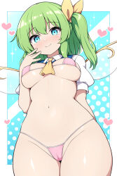 Rule 34 | 1girl, alternate breast size, bikini, blue background, blue eyes, breasts, closed mouth, commentary request, daiyousei, fairy wings, green hair, hair ribbon, heart, highres, looking at viewer, medium breasts, navel, pink bikini, polka dot, polka dot background, puffy short sleeves, puffy sleeves, ribbon, rizento, short sleeves, side ponytail, smile, solo, swimsuit, touhou, wings, yellow ribbon