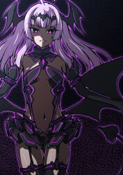 Rule 34 | 1girl, absurdres, ahoge, amakubo yuri, aoi tabane, aura, bat wings, black gloves, black skirt, black thighhighs, black wings, breasts, clothing cutout, corruption, covered navel, cowboy shot, dark persona, demon girl, demon tail, demon wings, detached collar, detached sleeves, evil grin, evil smile, garter straps, gloves, glowing, glowing eyes, gluteal fold, grin, hair ornament, head wings, heart, heart cutout, highres, kouyoku senki exs-tia, leotard, liberator (kouyoku senki exs-tia), liberator yuri (kouyoku senki exs-tia), long hair, looking at viewer, navel, pink eyes, pink hair, pubic tattoo, purple eyes, purple hair, see-through clothes, skirt, small breasts, smile, solo, standing, tail, tattoo, thigh gap, thighhighs, twintails, wings