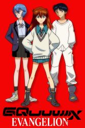 1boy 2girls amate_yuzuriha amate_yuzuriha_(cosplay) aqua_shirt aqua_skirt ayanami_rei black_skirt blue_hair blue_jacket closed_mouth commentary_request copyright_name cosplay crossover diagonal-striped_clothes diagonal-striped_necktie full_body genre_connection gundam gundam_gquuuuuux hands_in_pockets ikari_shinji interface_headset_(evangelion) jacket kannazuki_utagi long_hair looking_at_viewer looking_to_the_side miniskirt multiple_girls necktie neon_genesis_evangelion nyaan_(gundam_gquuuuuux) nyaan_(gundam_gquuuuuux)_(cosplay) pants red_hair school_uniform shirt short_hair shuji_ito shuji_ito_(cosplay) skirt souryuu_asuka_langley standing striped_clothes sweater white_pants white_shirt white_sweater