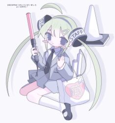 1girl ahoge armband bad_id bad_twitter_id black_necktie black_shoes blue_eyes collared_shirt detached_ahoge fpwrs full_body green_hair grey_jacket grey_skirt hair_ornament hands_up highres holding_baton huge_ahoge jacket long_hair long_sleeves looking_at_viewer necktie off_shoulder original paper pleated_skirt shirt shoes sitting skirt solo traffic_baton traffic_cone translation_request twintails white_bag white_shirt