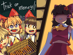 Rule 34 | 4girls, anger vein, aronnecroman, ascot, blonde hair, blue eyes, blunt bangs, bow, box, breasts, brown eyes, brown hair, chest sarashi, cosplay, detached sleeves, donation box, from above, from below, hair bow, hakurei reimu, hakurei reimu (cosplay), hakurei shrine, halloween costume, happy, highres, long hair, long sleeves, luna child, medium breasts, midriff peek, multicolored hair, multiple girls, navel, open mouth, orange hair, outdoors, red bow, red skirt, red vest, sarashi, shirt, sidelocks, skirt, sleeveless, sleeveless shirt, small breasts, star sapphire, sunny milk, touhou, trick or treat, two-tone hair, very long hair, vest, white sleeves, wide sleeves, yellow ascot