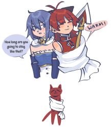 2girls ^_^ animal animalization bare_shoulders blue_hair cape cat closed_eyes commentary detached_sleeves dress english_commentary highres long_hair magical_girl mahou_shoujo_madoka_magica mahou_shoujo_madoka_magica_(anime) mermaidcandle miki_sayaka miki_sayaka_(magical_girl) multiple_girls person_and_animalization polearm red_cat red_dress red_hair sakura_kyoko sakura_kyoko_(magical_girl) short_hair sleeveless sleeveless_dress smile soul_gem speech_bubble weapon white_cape