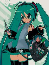 1girl 3d absurdres antenna_hair aqua_eyes aqua_hair aqua_nails aqua_necktie bag black_skirt black_sleeves black_thighhighs cel_rendering cellphone cinnamoroll collared_shirt commentary cowboy_shot detached_sleeves doko_demo_issho english_commentary flip_phone food food_in_mouth fuwa_fuwa_cinnamoroll grey_shirt hachune_miku hair_between_eyes hair_ornament hairclip hatsune_miku highres holding holding_food holding_phone holding_pocky ievan_polkka_(vocaloid) inoue_toro kio_(majin_kz) light_blush long_hair long_sleeves miniskirt mouth_hold nail_polish necktie number_tattoo phone pleated_skirt pocky pocky_in_mouth project_sekai sanrio shirt shoulder_tattoo skirt sleeveless sleeveless_shirt solo spring_onion standing tattoo thighhighs tofu_(project_sekai) twintails very_long_hair vocaloid
