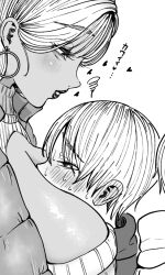 Rule 34 | 1boy, 1girl, age difference, between breasts, blush, breast smother, breasts, cleavage cutout, clothing cutout, dark-skinned female, dark skin, earrings, face to breasts, greyscale, gyaru, head between breasts, heart, height difference, hetero, highres, hoop earrings, huge breasts, jewelry, lipstick, looking at another, makeup, monochrome, nagisamade, onee-shota, original, simple background, squiggle, sweater, translation request, white background