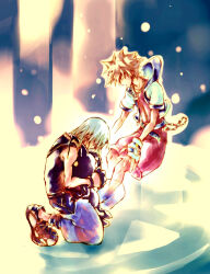 Rule 34 | 2boys, belt, black gloves, black vest, blue belt, blue jacket, blue pants, brown hair, chain, closed eyes, commentary, creature, english commentary, fading, full body, gloves, grey hair, hair over eyes, heartless (kingdom hearts), holding, holding creature, illbewaiting, jacket, jumpsuit, kingdom hearts, kingdom hearts i, leaning forward, light particles, looking down, male focus, multicolored jacket, multiple boys, on one knee, open clothes, open jacket, pants, red jumpsuit, riku (kingdom hearts), shadow (kingdom hearts), short hair, sora (kingdom hearts), spiked hair, vest, white jacket