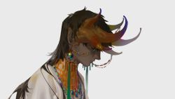 1boy beads black_hair dark-skinned_male dark_skin earrings from_side green_ribbon half-closed_eyes highres hoop_earrings horn_ornament horn_tubes horns ilion jewelry long_hair looking_down male_focus mullet multiple_horns necklace original pointy_ears profile ribbon robe short_hair simple_background solo white_background