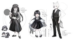 Rule 34 | 1boy, 2girls, absurdres, animal ear fluff, animal ears, aya (ic), bag, black bag, black dress, black eyes, black hair, black pants, black ribbon, black shoes, black vest, braid, character age, character profile, chibi, chibi inset, collared shirt, commentary request, dress, dress shirt, full body, gauze, gauze on cheek, grace (ic), hairband, highres, ic (iccccccccc81), loafers, long hair, long sleeves, mary janes, messenger bag, multicolored hair, multiple girls, neck ribbon, open mouth, original, pants, pinafore dress, ribbon, shirt, shoes, short hair, shoulder bag, single braid, sleeveless, sleeveless dress, socks, standing, sweater, tail, translation request, turtleneck, turtleneck sweater, two-tone hair, v, very long hair, vest, white eyes, white hair, white hairband, white shirt, white socks, white sweater, wide sleeves, zeile (ic)