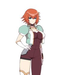 Rule 34 | 1girl, absurdres, asymmetrical clothes, bakugan, bakugan battle brawlers, bakugan new vestroia, blue eyes, breasts, commission, crop top, gloves, hand on own hip, highres, hyperbudd, large breasts, orange hair, short hair, single pantsleg, smile, solo, thighhighs, white background, white gloves