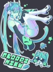 1girl absurdres alien antennae aqua_necktie black_background boots character_name colored_skin commentary detached_sleeves english_commentary full_body glorpi_miku_(dyarikku) green_skin hatsune_miku high_heel_boots high_heels highres leotard long_hair looking_at_viewer necktie outline procreate_(medium) shirt solo theneveru thigh_boots twintails ufo vocaloid white_boots white_leotard white_outline white_shirt