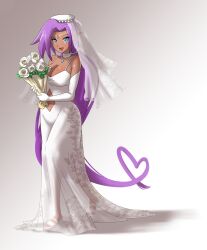 1girl :d bare_shoulders blue_eyes bouquet breasts bridal_veil choker circlet cleavage clothing_cutout collarbone commentary dark-skinned_female dark_skin dress elbow_gloves english_commentary flower gloves hat heart heart-shaped_hair highres holding holding_bouquet jewelry large_breasts long_hair navel_cutout necklace open_mouth purple_hair rose ru-ru shantae shantae_(series) sleeveless sleeveless_dress smile solo veil very_long_hair wedding_dress white_choker white_dress white_flower white_gloves white_hat white_rose white_veil