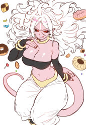1girl absurdres android_21 bare_shoulders black_sclera black_tube_top bracelet breasts colored_sclera colored_skin commission cookie crop_top detached_sleeves donut dragon_ball dragon_ball_fighterz earrings ebora food harem_pants highres hoop_earrings jewelry ko-fi_commission large_breasts licking_lips long_hair looking_at_viewer majin_android_21 navel neck_ring non-web_source pants pink_skin pointy_ears red_eyes smile solo strapless tail tongue tongue_out tube_top white_hair white_pants