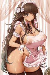 1girl apron apron_lift blush breasts brown_eyes brown_hair clothes_lift cowboy_shot curvy flower frilled_apron frills hair_flower hair_ornament haraya_manawari highres large_breasts looking_at_viewer maid maid_apron maid_headdress naked_apron nipples open_mouth original see-through_clothes sideboob solo sweat thighhighs white_apron wrist_cuffs