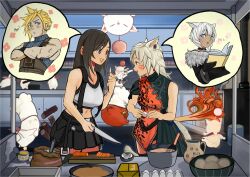1boy 3girls animal_ears bare_arms bare_shoulders black_choker black_dress black_gloves black_hair black_skirt black_sports_bra black_thighhighs blonde_hair blue_eyes blue_sweater blush bomb_(final_fantasy) book breasts carrot cat_ears cat_tail chef_hat china_dress chinese_clothes choker closed_mouth cloud_strife commentary commission cooking cooking_pot cooking_together corn cowboy_shot crop_top crossed_arms dark-skinned_female dark_skin dress egg english_commentary facial_mark final_fantasy final_fantasy_vii final_fantasy_vii_rebirth final_fantasy_vii_remake final_fantasy_xiv fire flower fur-trimmed_dress fur_trim gloves grey_hair hat headband highres holding holding_book holding_knife hugo_artist in-franchise_crossover indoors kitchen kitchen_knife knife large_breasts lips long_hair looking_at_another looking_to_the_side medium_breasts midriff milk miniskirt miqo&#039;te moogle multiple_girls navel open_mouth red_dress red_eyes ribbed_sweater short_hair skirt sleeveless sleeveless_turtleneck spiked_hair spoken_character sports_bra suspender_skirt suspenders sweater tail tank_top teamwork thighhighs tifa_lockhart turtleneck turtleneck_sweater two-tone_dress upper_body warrior_of_light_(ff14) whisk white_hair white_headband white_tank_top y&#039;shtola_rhul zettai_ryouiki