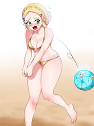 Rule 34 | 1girl, ball, barefoot, beach volleyball, bikini, blonde hair, braid, breasts, chuchu (zelda), cleavage, collarbone, commentary request, crown braid, flying sweatdrops, foot out of frame, gold bikini, green eyes, halterneck, highres, medium breasts, nintendo, open mouth, princess zelda, solo, string bikini, sweat, swimsuit, the legend of zelda, the legend of zelda: tears of the kingdom, wasabi (legemd)