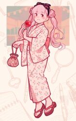 1girl bag black_bow black_hairband black_headband book bow bow_hairband candy_apple cherry_print commentary double_bun english_commentary feet female_focus food food_print fruit_print full_body grin hair_bun hairband headband holding holding_bag holding_book holding_candy_apple japanese_clothes key kimono looking_to_the_side magnifying_glass notebook notepad okobo open_mouth pen pink_eyes pink_hair pink_kimono platform_sandals redridingheart sandals simple_background smile solo solo_focus the_hundred_line_-last_defense_academy- toes tsukumo_kako twintails yukata