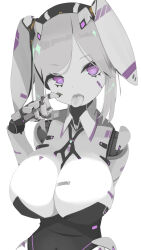 Rule 34 | 1girl, android, animal ear hairband, animal ears, black leotard, bolo tie, breasts, cleavage, colored skin, covered navel, detached collar, dot nose, drooling, eyelid pull, fake animal ears, grey hair, grey tongue, hairband, highres, joints, large breasts, leotard, looking at viewer, mecha musume, nanatsuki sousuke, original, parted bangs, playboy bunny, purple eyes, purple trim, rabbit ears, robot girl, robot joints, saliva, short hair with long locks, sidelocks, simple background, solo, strapless, strapless leotard, teeth, tongue, tongue out, upper teeth only, white background, white skin