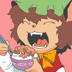 1girl animal_ears bow bowl bowtie brown_hair cat_ears cat_girl chen chopsticks closed_eyes commentary_request donburi food green_hat hat holding holding_chopsticks long_sleeves lowres mob_cap oekaki onikobe_rin open_mouth orange_bow orange_bowtie pet_food red_vest rice rice_bowl shirt short_hair simple_background solo touhou upper_body vest white_shirt