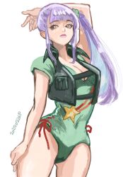 1girl arm_up gundam gundam_zz highres long_hair looking_at_viewer okrdisk2000 one-piece_swimsuit purple_eyes purple_hair roux_louka side_ponytail sleeveless solo swimsuit white_background