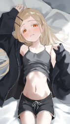 Rule 34 | 1girl, absurdres, armpits, bed sheet, black jacket, black shorts, black tank top, blonde hair, blush, breasts, collarbone, colored eyelashes, commentary request, cowboy shot, dolphin shorts, earrings, gakuen idolmaster, hair ornament, hairclip, hands up, head tilt, highres, idolmaster, indoors, jacket, jewelry, long hair, long sleeves, looking at viewer, lying, navel, neranainerune, on back, open mouth, orange eyes, parallel hairclips, shinosawa hiro, shorts, single off shoulder, sleeves past wrists, small breasts, smile, stomach, stud earrings, swept bangs, tank top