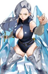 1girl absurdres armored_boots bare_shoulders belt blue_hair blue_leotard boots breasts cleavage cleavage_cutout clothing_cutout detached_sleeves fighting_stance hands_on_own_hips highres ice jericho_(nanatsu_no_taizai) large_breasts leotard light_blue_hair lips long_hair looking_to_the_side mokushiroku_no_yonkishi nanatsu_no_taizai parted_lips scabbard serious sheath simple_background skin_tight solo stray_hair sword thick_thighs thigh_boots thighs weapon yellow_eyes yoshio_(55level)